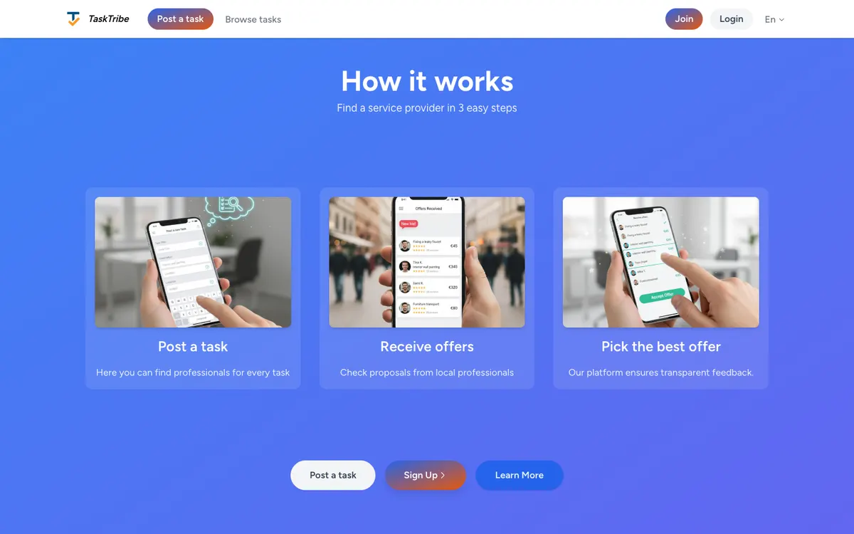 How it works: post a task, receive offers, pick the best