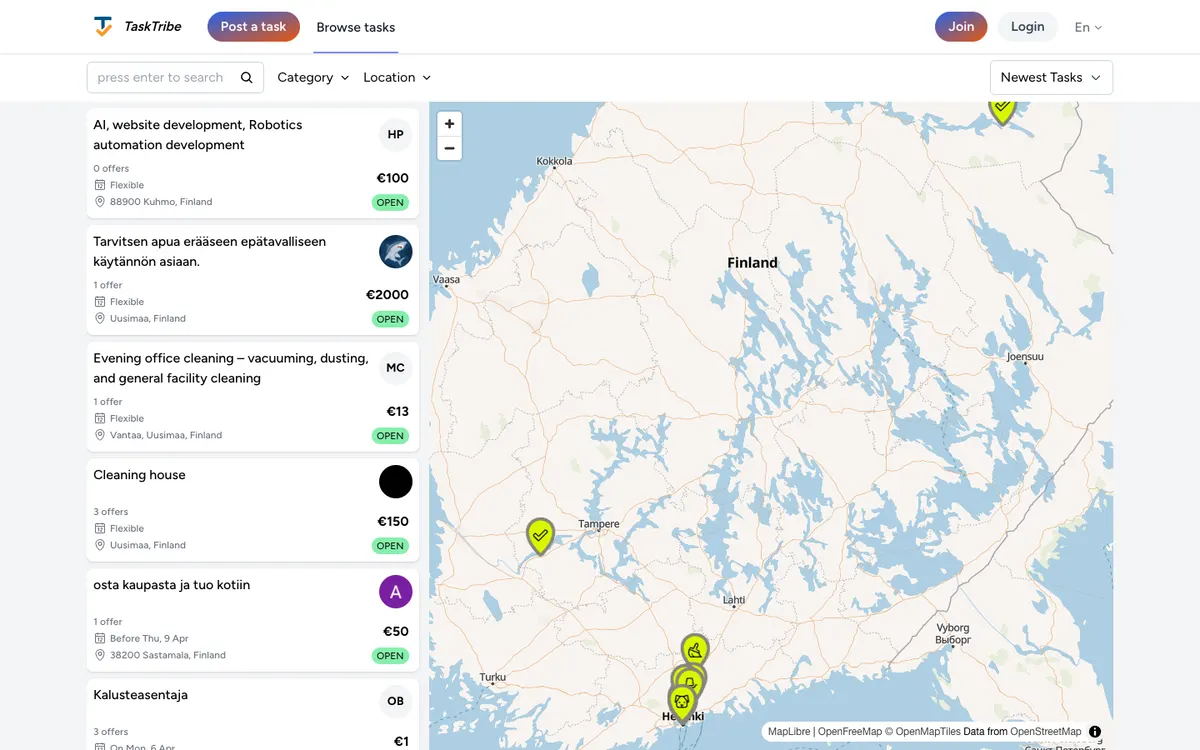 Browse tasks on a list and an interactive map of Finland
